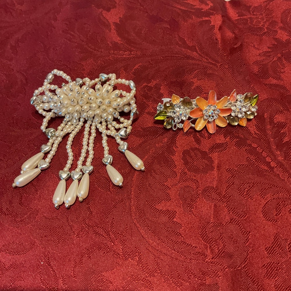 Unbranded Hair Barrette Set Women OS White Orange Excellent Pearl Floral Crystal